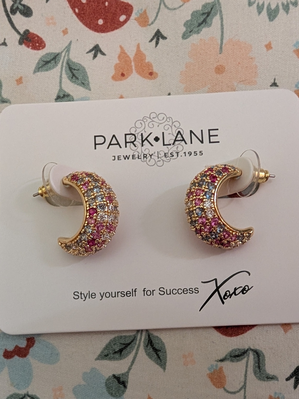 Park Lane Gold Crescent Hoop Earrings with Pink and Clear Crystals